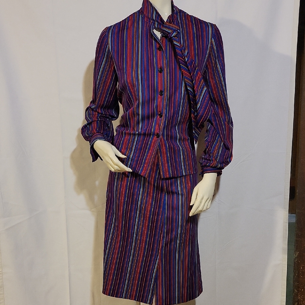 Vintage 70s Striped Skirt Suit with Tie-Neck Blouse